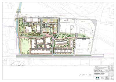 Situasjonsplan som viser tomtens utforming, bygningers plassering, veier og landskapsinngrep.