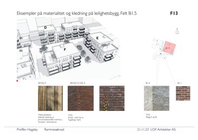 3D-visualisering av leilighetsbygg med materialprøver for fasadekledning