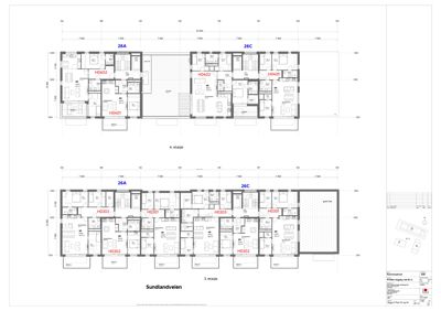 Etasjeplaner for 3. og 4. etasje av en bygning ved Sundlandveien, som viser romfordeling og mål.