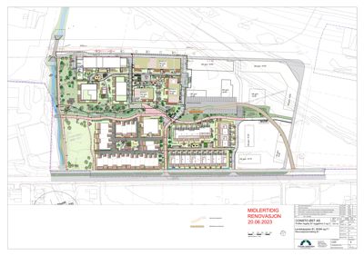 Situasjonsplan som viser tomt, bygninger, veier og landskapselementer.