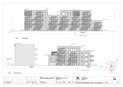 Fasadetegning som viser bygningenes utseende sett fra sør og vest med mål og detaljer.