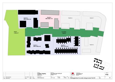 Situasjonsplan som viser tomtedeling og arealoppdeling (felt) for et prosjekt.