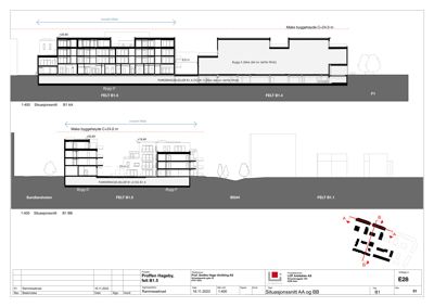 Situasjonssnitt som viser bygningens høyde i forhold til terrenget og nabobygninger.