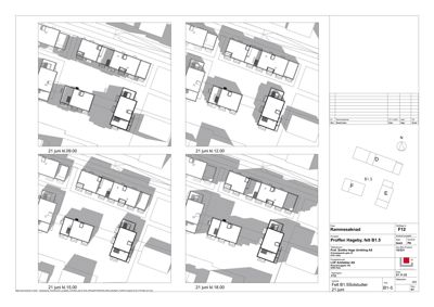 Situasjonsplan som viser tomtens form, bygningenes plassering (B1.5, D, E, F) og solfangerens skyggefall på ulike tidspunkt.