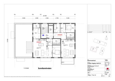 Etasjeplan for 4. etasje i et boligprosjekt, som viser romfordeling, stueplan og tekniske rom.