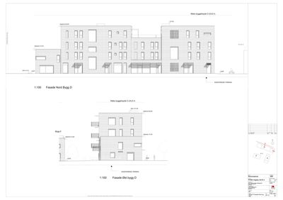Fasadetegning som viser bygningens utseende sett fra nord og øst, med høydeangivelser og detaljer om vinduer og tak.