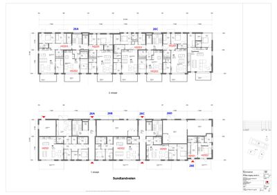 Etasjeplaner for 1. og 2. etasje av en bygning med romfordeling og mål.