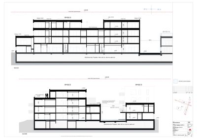 Snittegning som viser tverrsnittet av flere bygninger (BYGG D, E, A) med høydeangivelser og romfordeling.