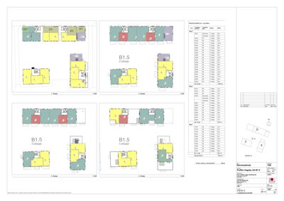 Etasjeplaner (1. etasje til 4. etasje) for en bygning med romfordeling og arealstablering.
