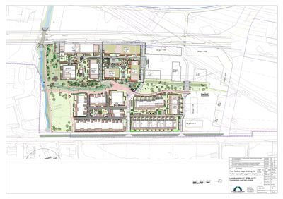 Etasjeplan eller situasjonsplan som viser romfordeling, bygningsskisser og landskapstiltak i et boligområde.