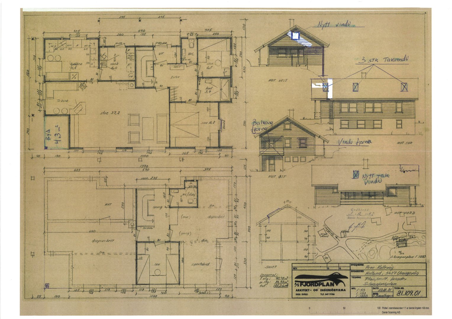 Bildet viser en tegning med etasjeplaner (floor plans) for en bolig, inkludert romfordeling og mål. Det er også tegnet fasadeoppriks (facades) på høyre side.