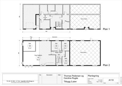 Plantegning som viser romfordeling og arealer for to etasjer (Plan 1 og Plan 2) av en bolig.