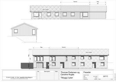 Fasadetegning som viser front- og sideutsikt av en bygning med mål og detaljer.