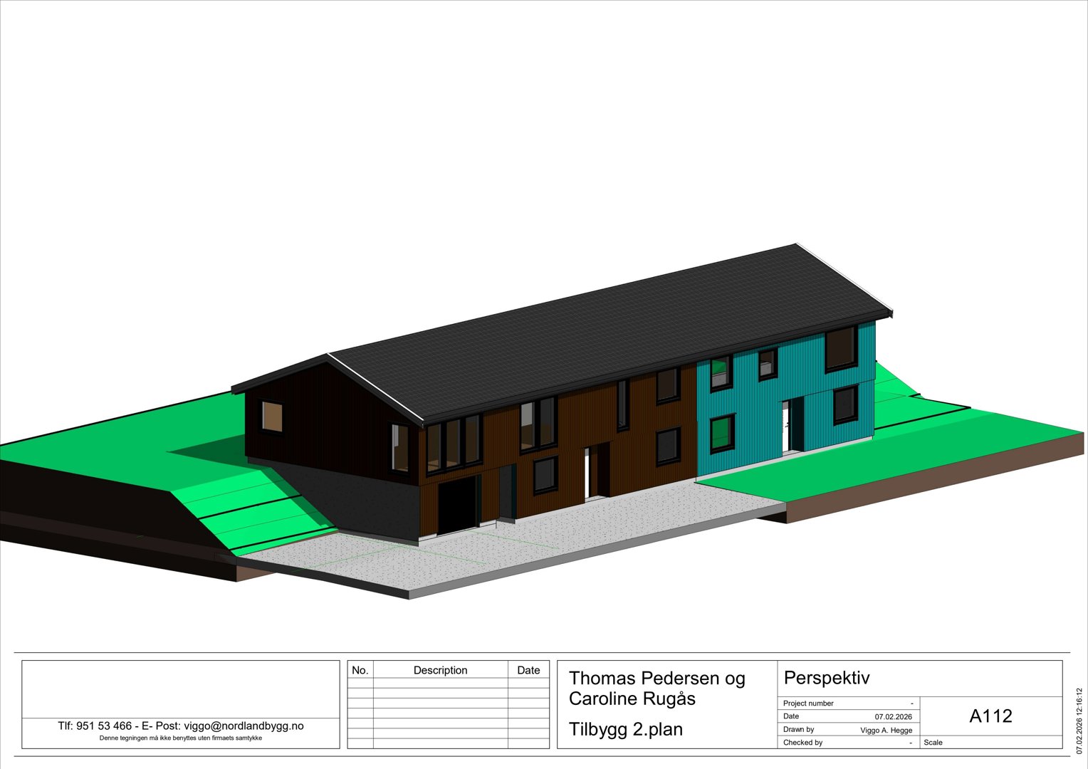 3D-visualisering (perspektiv) av en bygning med fasade, tak og grunnplan.