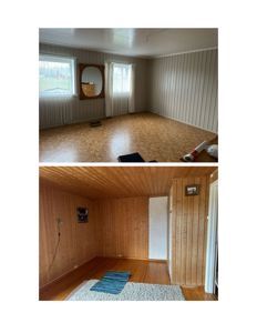To fotografier som viser et rom før og etter en innredningsendring eller renovering.