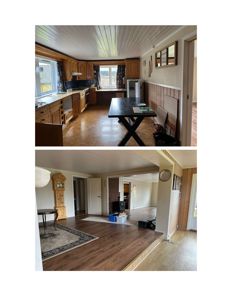 Fotografi av et kjøkken og stue i en bolig, som viser innredning og romoppdeling.