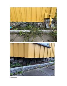 Fotografier av en gråsteinsmur (fundament) under en gul fasade, med en gul rørledning.