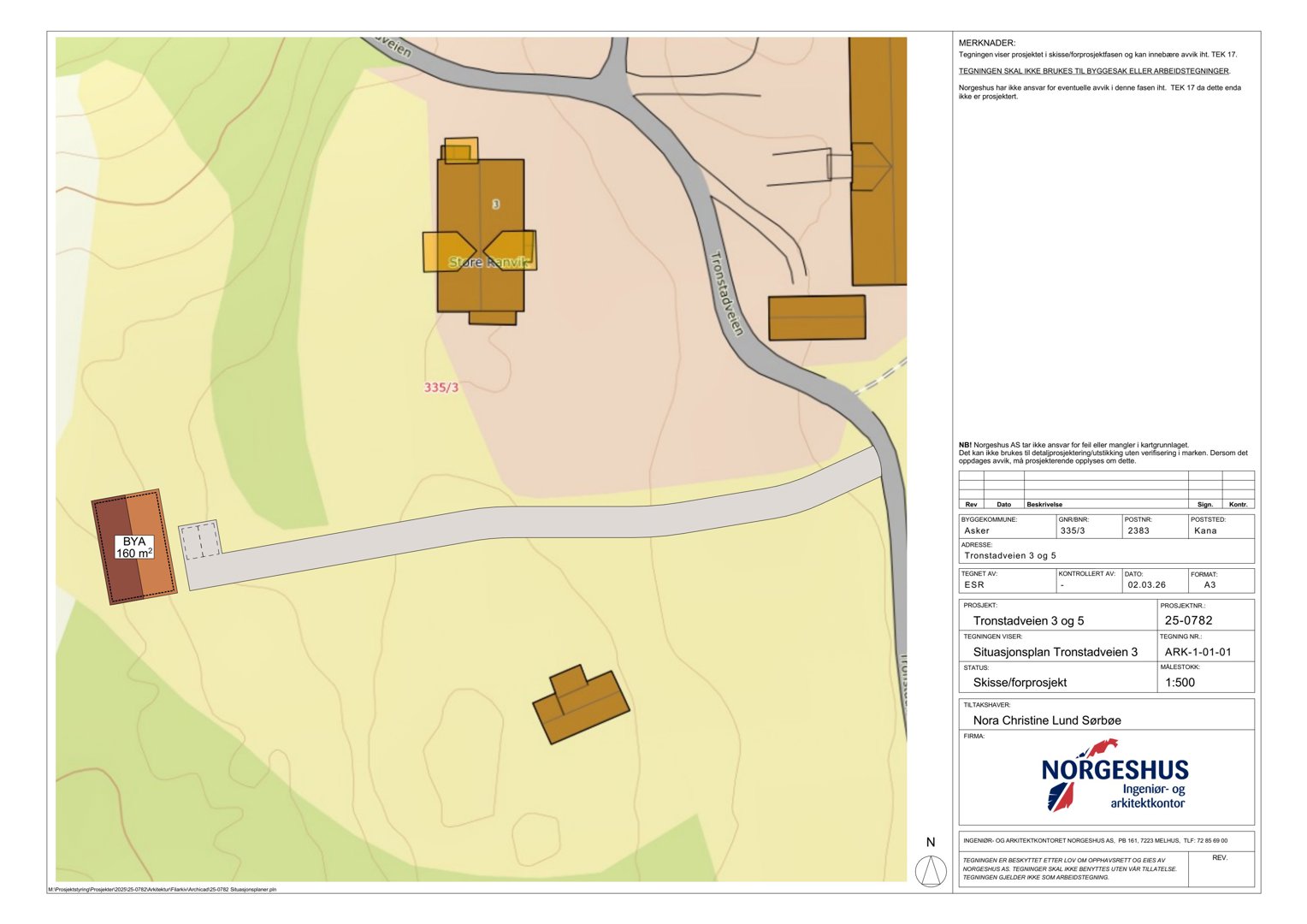 Situasjonsplan som viser tomtens beliggenhet, naboeiendommer og bygningers plassering i forhold til veier.