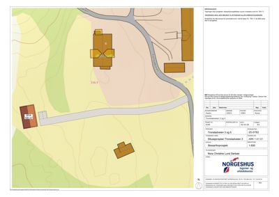 Situasjonsplan som viser tomtens beliggenhet, naboeiendommer og bygningers plassering i forhold til veier.