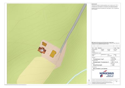 Situasjonsplan som viser tomtens form, terrengforhold (konturer), og plassering av bygninger i forhold til naboeiendom og vei.