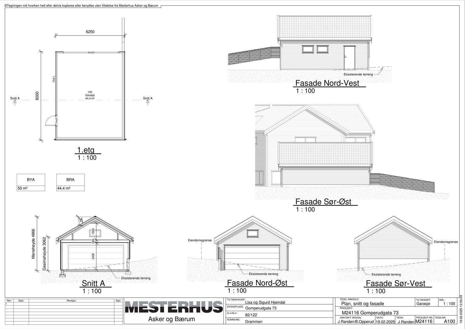 Bildet viser en tegning med fasadeopprikk og snitt for en garasje. Det er merket 'Fasade Nord-Vest', 'Fasade Sør-Øst', 'Fasade Nord-Øst' og 'Fasade Sør-Vest', samt 'Snitt A'.