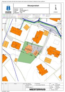 Situasjonskart som viser eiendomsforhold, naboeiendommer og bygningers plassering i forhold til hverandre.