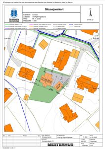 Situasjonskart som viser eiendomsnummer, adresse, naboeiendommer og bygningers plassering i forhold til hverandre.