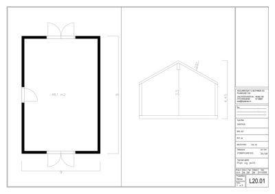 Tegning som viser etasjeplan (48,1 m²) og snitt (høyde 4,45 m) for en bygning.