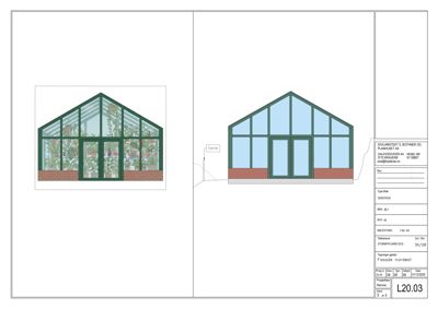 Fasadetegning (opprikk) av et glasshus sett fra nordøst.