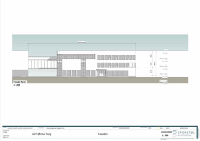 Fasadetegning (opprikk) av bygningens nordside med høydemål og romfordeling.