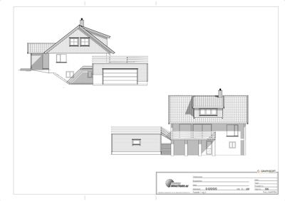Fasadetegning som viser bygningens utseende fra to ulike vinkler (for- og sidefasade) inkludert takform, vinduer og balkonger.