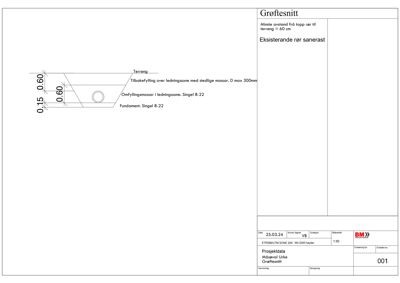 Grafisk fremstilling av et tverrsnitt gjennom en grøfte med angitte dimensjoner og konstruksjonsdetaljer (f.eks. masseforhold og rørposisjon).