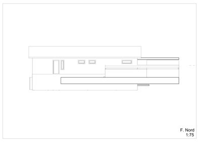Fasadetegning (opprikk) av en bygning sett fra nord, med visuell fremstilling av taklinjer, vinduer og fasadepartier.