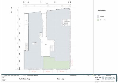 Etasjeplan (Plan 1.etg) som viser romfordeling, veggposisjon og endringer i etasjeplanen.