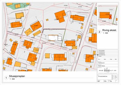 Situasjonsplan som viser tomtens beliggenhet i forhold til nabolag, eiendomsgrenser og eksisterende bygninger.