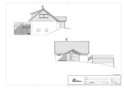 Fasadetegning som viser bygningens utseende fra to ulike vinkler (for- og sidefasade).
