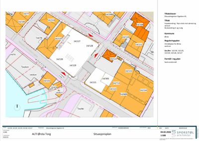 Situasjonsplan som viser tomtene, bygninger og gater i området ALTI Ørsta Torg.