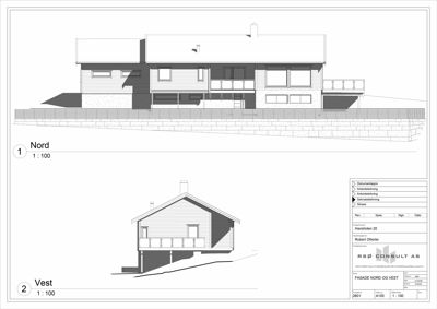 Fasadetegning som viser bygningens utsyn mot nord og vest med skisse over konstruksjonen.