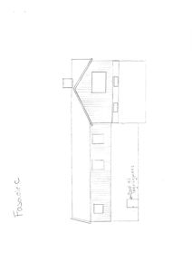 En håndtegnet fasadetegning (opprikk) av en bygning sett fra siden, med skriftlig merking 'Fasadie C' og 'Badstue/Loggia'.