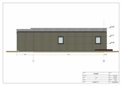 Fasadetegning som viser bygningens utseende fra siden, med mål på høyder og bredder.