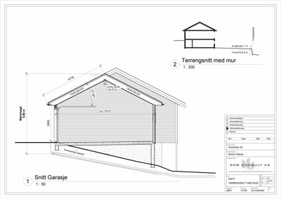 Tegning som viser tverrsnitt av en garasje og en mur, med angitte mål og konstruksjonsdetaljer.