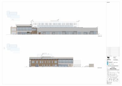 Fasadetegning som viser bygningens utseende sett fra nord og vest.
