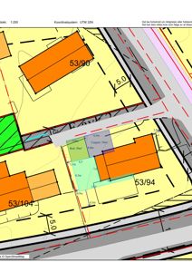 Situasjonsplan som viser tomtene 53/90, 53/94 og 53/104 med bygningers plassering, arealer (Bod, Carport) og avstander til eiendomsgranser.