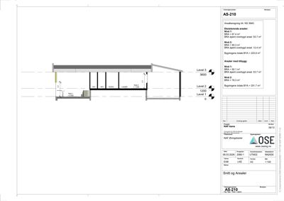 Snittegning som viser bygningens tverrsnitt, nivåer (Level 1, 2, 3) og arealoppdeling.