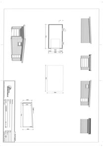 Fasadetegning som viser flere utsnitt av en bygning (troll, front og side) med mål og detaljer.