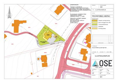 Situasjonsplan (illustrasjonsplan) som viser tomtens beliggenhet, nabolag, veier og arealbruk.