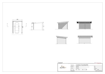 Tegning som viser detaljerte oppriss og dimensjoner for en carport, inkludert portåpning og takkonstruksjon.