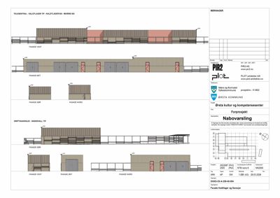 Fasadetegning som viser oppriss av bygningen sett fra fire sider (vest, øst, sør og nord) for to ulike etasjer.