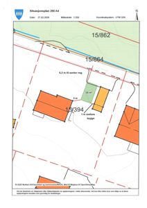 Situasjonsplan som viser tomtene (15/394, 15/862, 15/864), eksisterende bygninger, og planlagte byggefelt med mål og avstander.