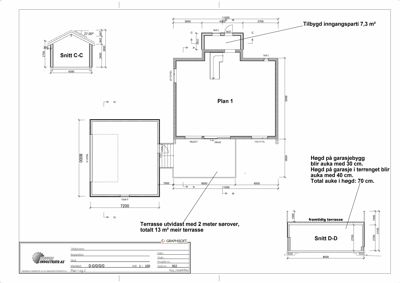 Etasjeplan (Plan 1) med tilhørende snittegninger (Snitt C-C og D-D) som viser romfordeling, mål og utvidelser.